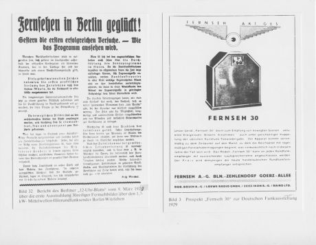 Artikel zu den ersten Versuchen mit dem Fernsehen und Anzeige zur Funkausstellung 1929